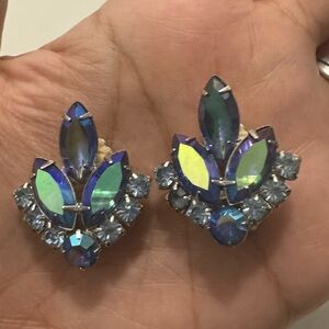 Vintage Sarah Coventry Blue Lagoon AB Navette Rhinestone Clip Earrings